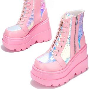 Cape Robbin Radio Holographic Platform Ankle Boots with Chunky Block Heels